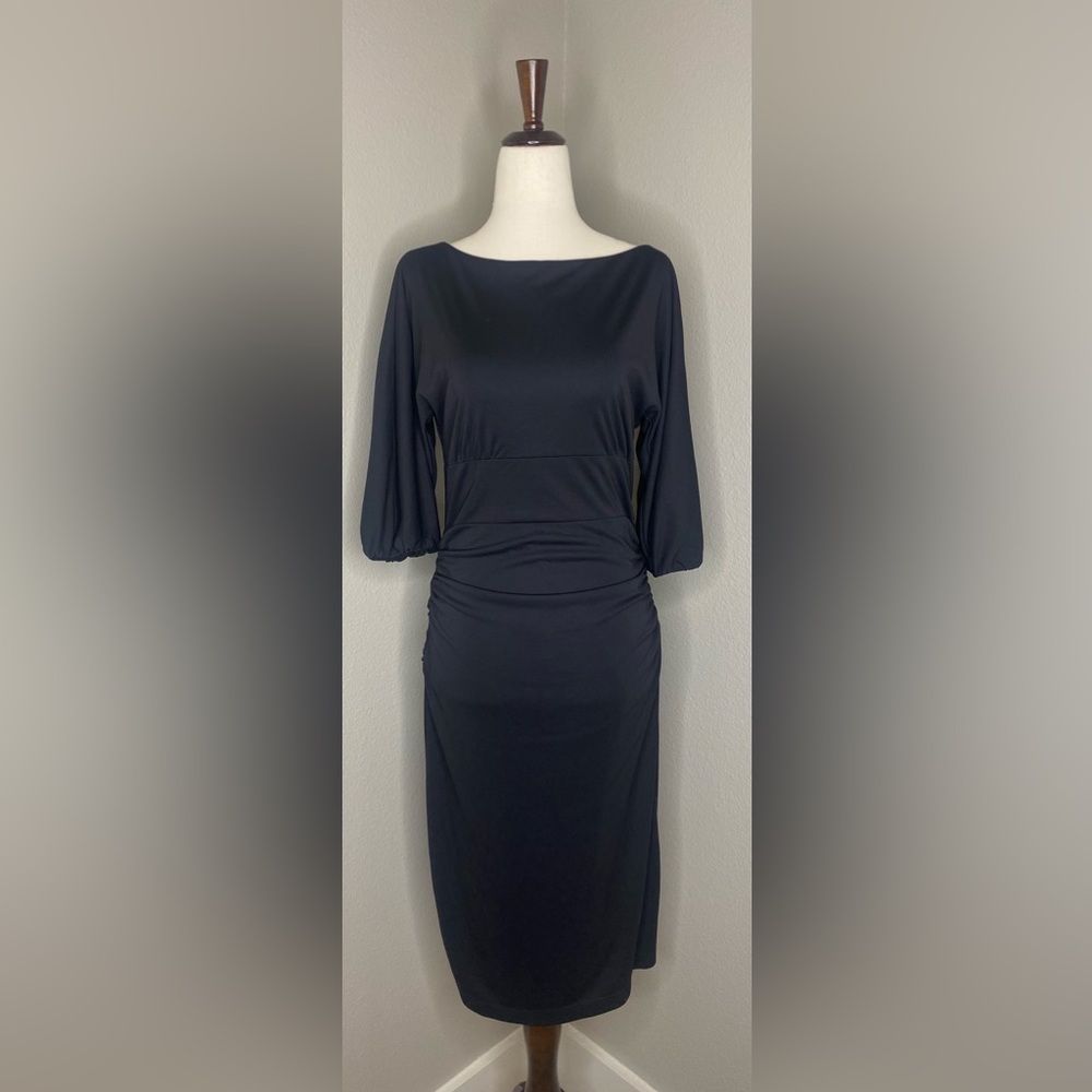 David Meister Black Ruched Midi Dress Size 4